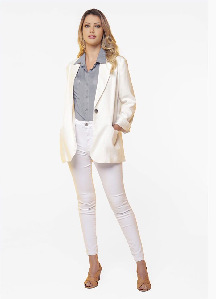 Blazer de Linho  Puro  Branco Feminino Sob Longo com Bolsos - Imagem 3