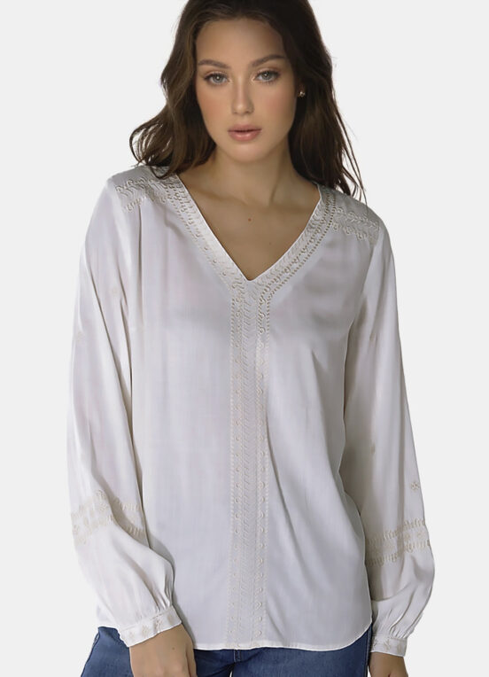 Blusa Branca e Bege Claro Bordada em Viscose Manga Longa
