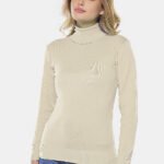 Blusa de Tricot Bege Gola Alta Manga Longa Justa