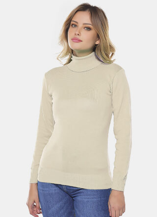 Blusa de Tricot Bege Gola Alta Manga Longa Justa