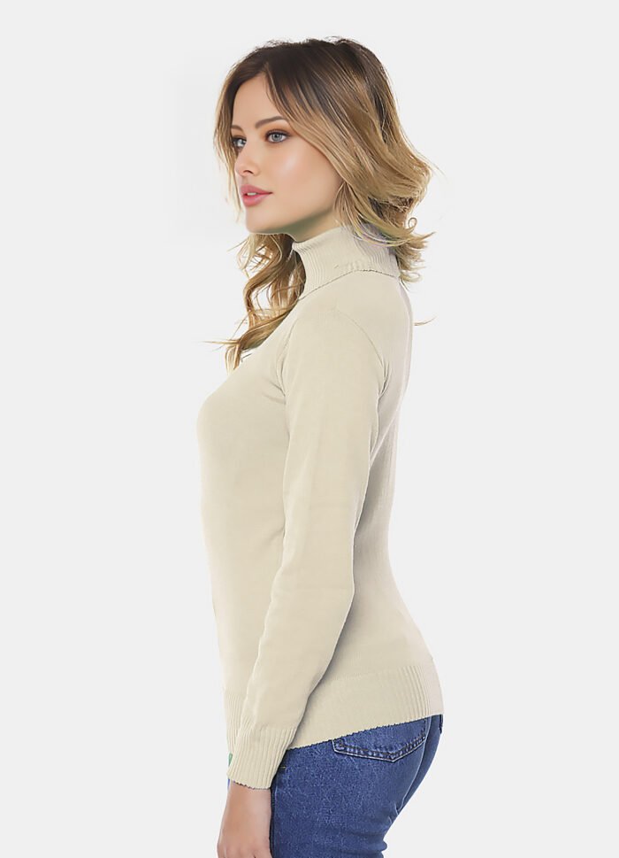 Blusa de Tricot Bege Gola Alta Manga Longa Justa - Imagem 2