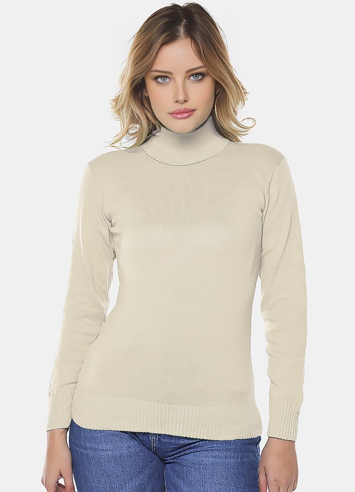 Blusa de Tricot Bege Gola Alta Manga Longa Justa - Imagem 5