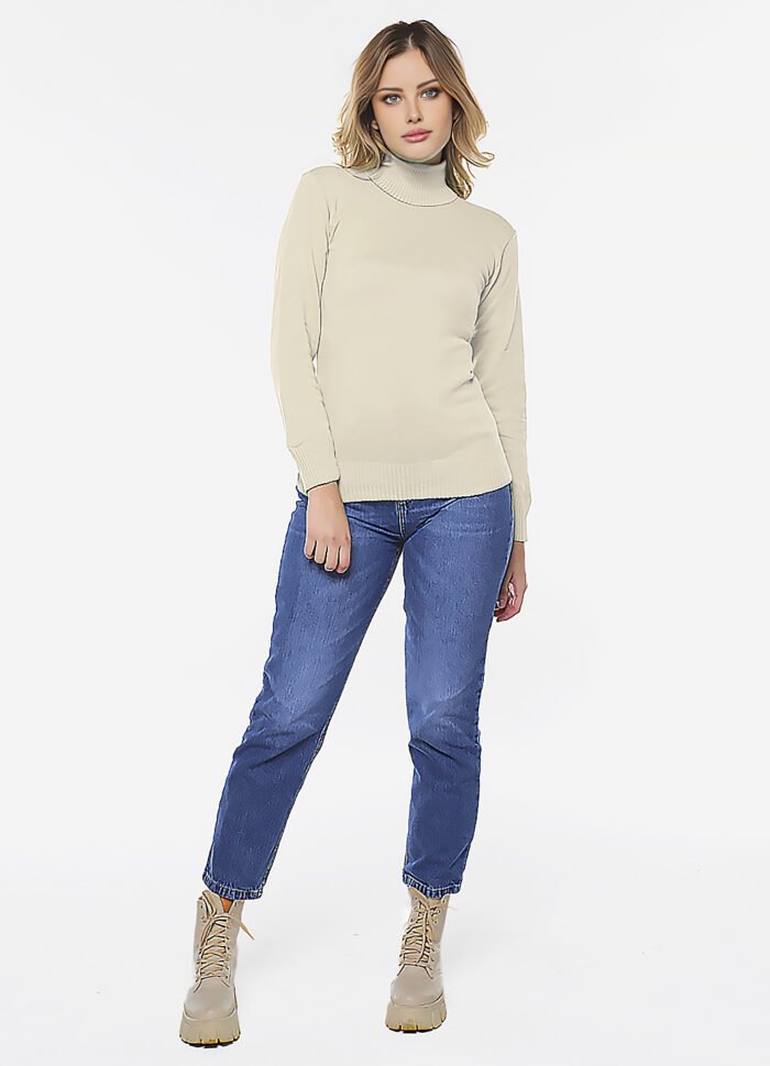 Blusa de Tricot Bege Gola Alta Manga Longa Justa - Imagem 4