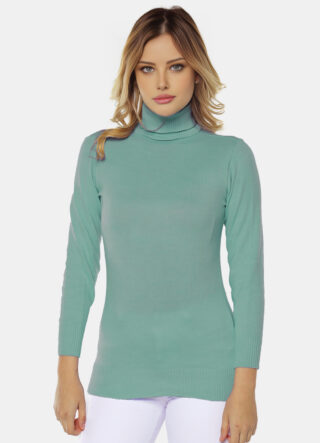 Blusa de Tricot Verde Gola Alta Manga Longa Justa