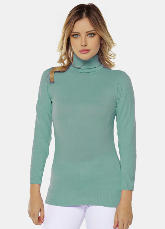Blusa de Tricot Verde Gola Alta Manga Longa Justa