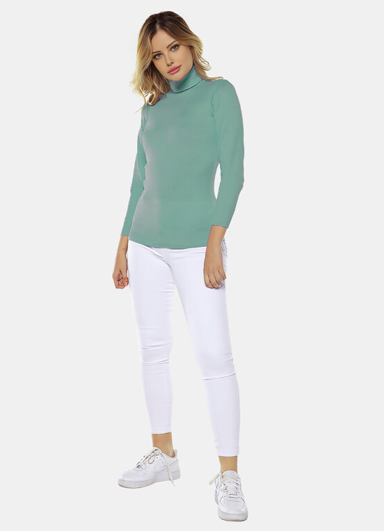 Blusa de Tricot Verde Gola Alta Manga Longa Justa - Image 5