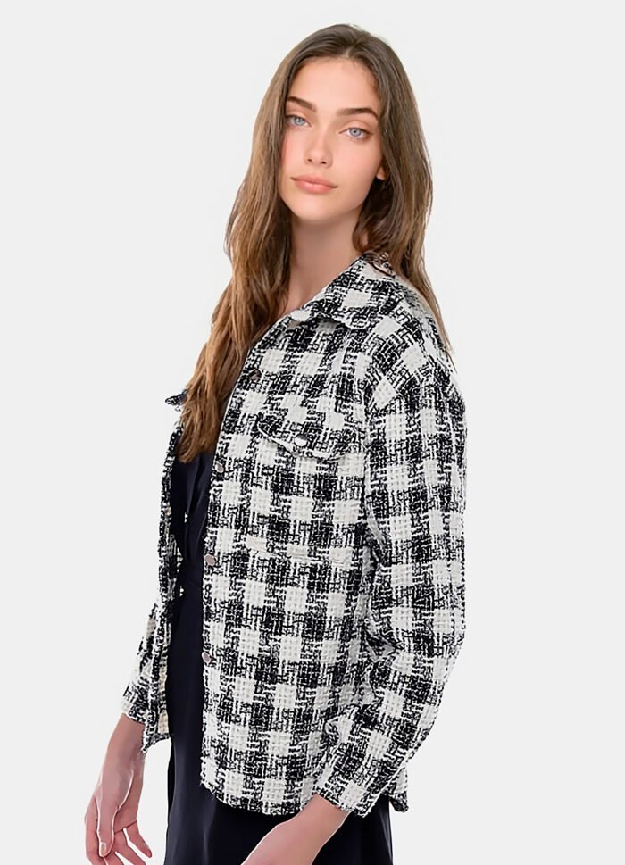 Jaqueta Xadrez Preta Feminina de Lã Tweed com Bolsos - Imagem 2