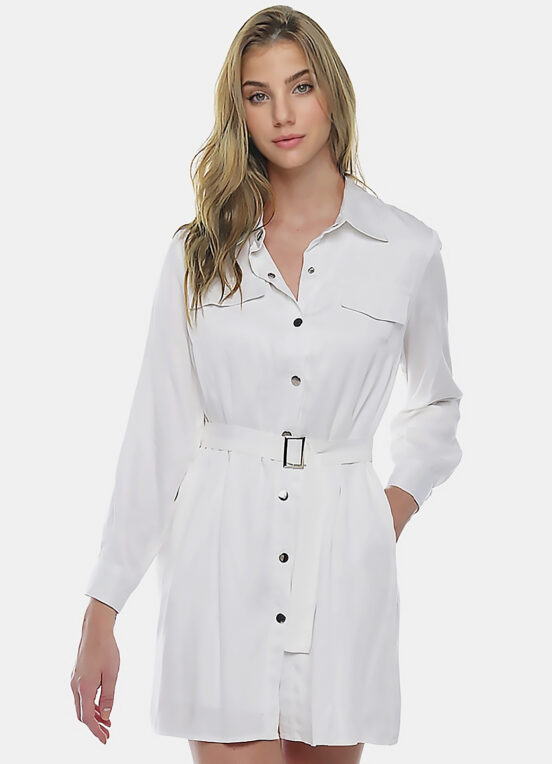 Vestido Chemise Branco Manga Longa com Bolsos e Cinto Sob