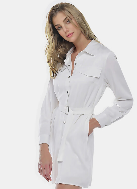 Vestido Chemise Branco Manga Longa com Bolsos e Cinto Sob - Image 2