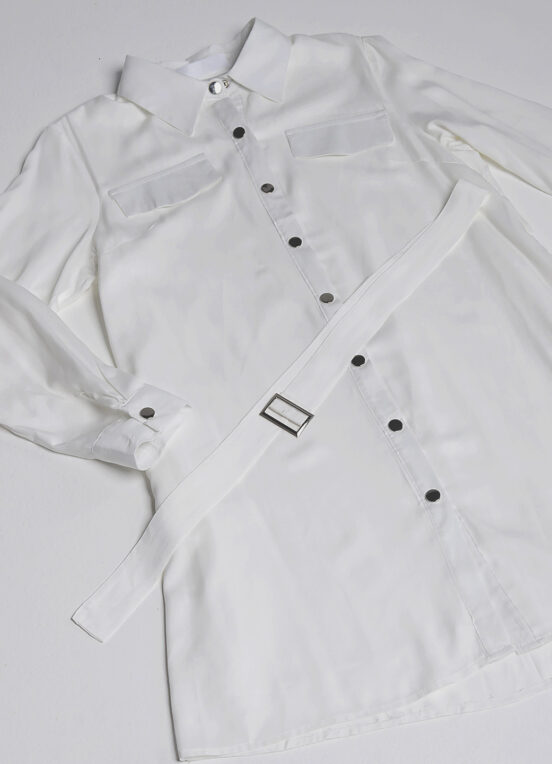 Vestido Chemise Branco Manga Longa com Bolsos e Cinto Sob - Image 3