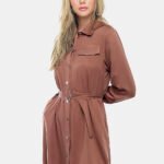 Vestido Chemise Marrom Manga Longa com Bolsos e Cinto Sob
