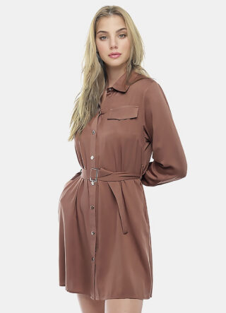 Vestido Chemise Marrom Manga Longa com Bolsos e Cinto Sob