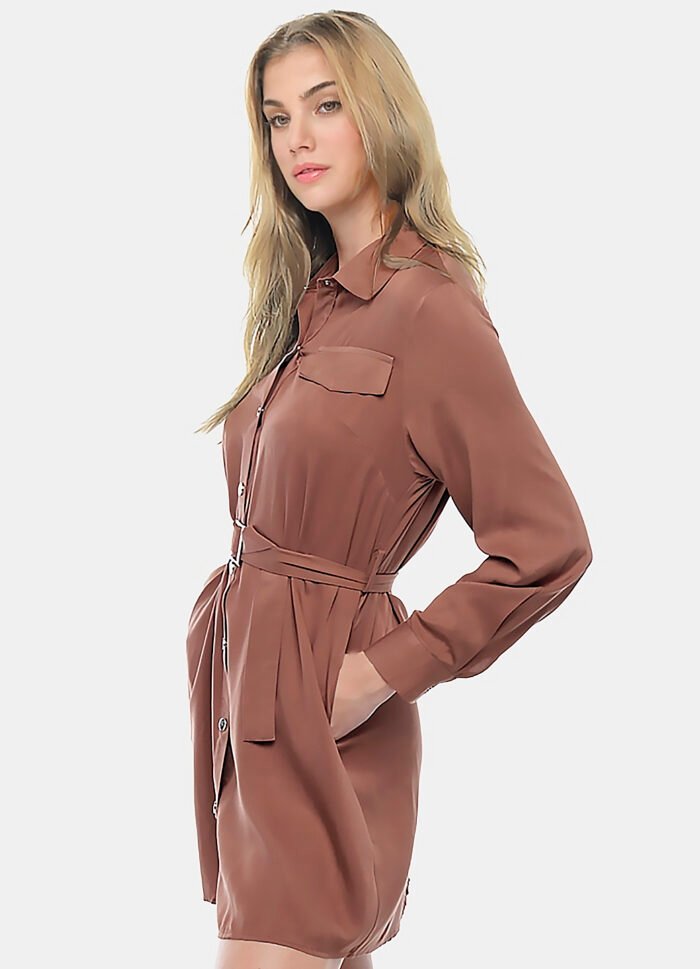 Vestido Chemise Marrom Manga Longa com Bolsos e Cinto Sob - Imagem 2