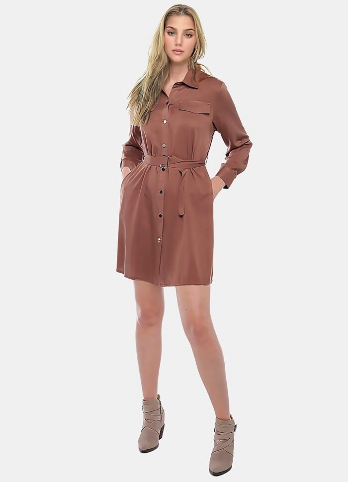 Vestido Chemise Marrom Manga Longa com Bolsos e Cinto Sob - Imagem 3