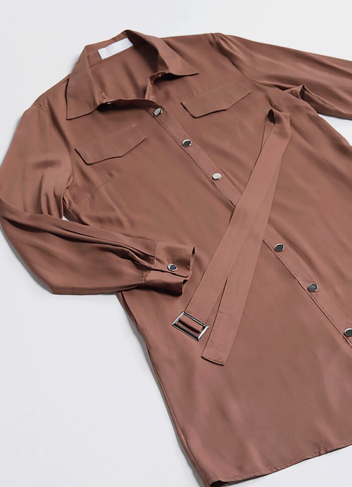 Vestido Chemise Marrom Manga Longa com Bolsos e Cinto Sob - Imagem 5