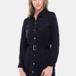 Vestido Chemise Preto Manga Longa com Bolsos e Cinto Sob