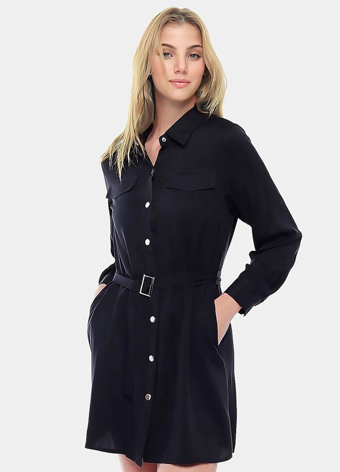 Vestido Chemise Preto Manga Longa com Bolsos e Cinto Sob - Imagem 2