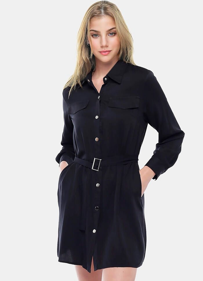 Vestido Chemise Preto Manga Longa com Bolsos e Cinto Sob - Imagem 6