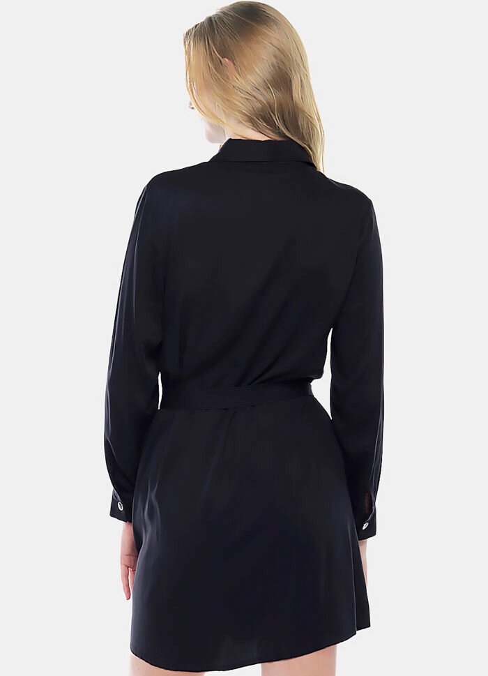 Vestido Chemise Preto Manga Longa com Bolsos e Cinto Sob - Imagem 5