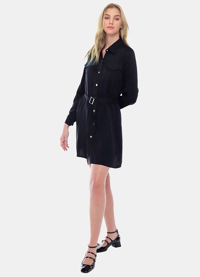 Vestido Chemise Preto Manga Longa com Bolsos e Cinto Sob - Imagem 4