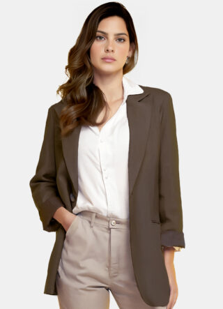Blazer de Alfaiataria Feminino Marrom Café com Bolsos Viscose