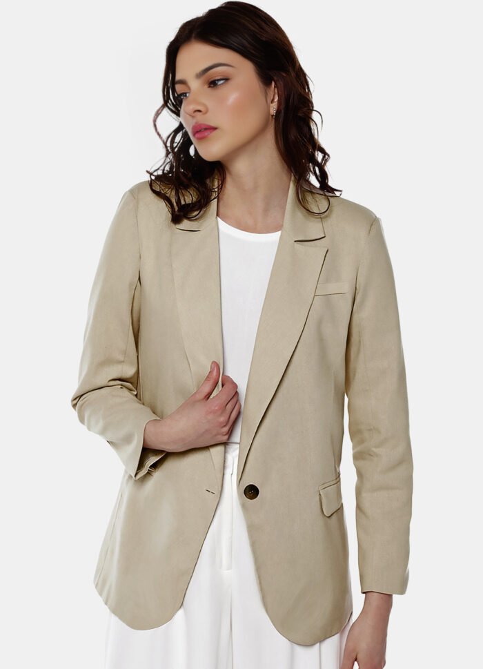 Blazer de Alfaiataria Feminino Bege Mocha com Bolsos Viscose - Imagem 3
