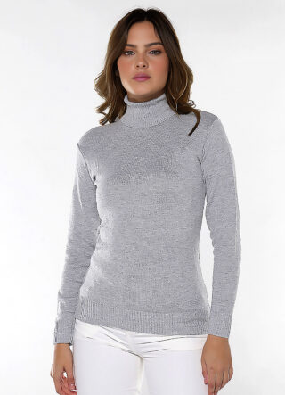 Blusa de Tricot Gola Alta Cinza Mescla Manga Longa Justa