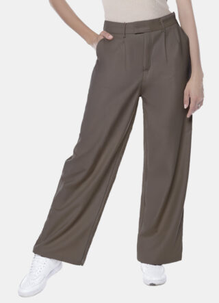 Calça de Pregas Marrom Café Cintura Alta em Viscose com Elastano