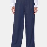 Calça de Pregas Azul Marinho Cintura Alta em Viscose com Elastano