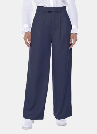 Calça de Pregas Azul Marinho Cintura Alta em Viscose com Elastano