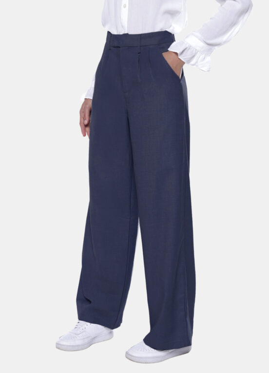 Calça de Pregas Azul Marinho Cintura Alta em Viscose com Elastano - Image 5