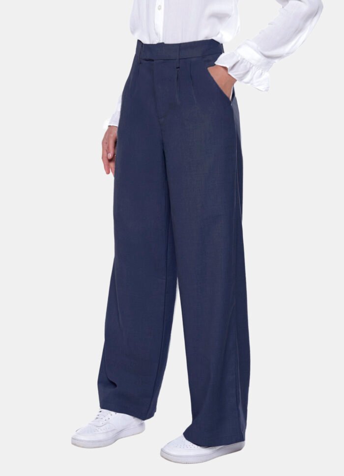 Calça de Pregas Azul Marinho Cintura Alta em Viscose com Elastano - Imagem 5