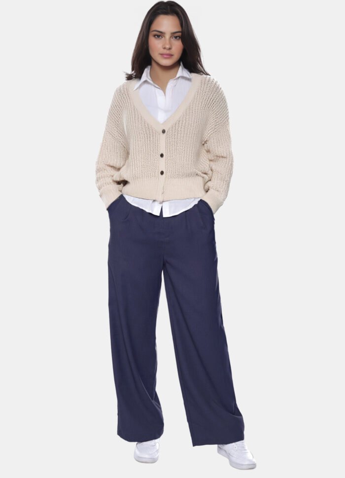 Calça de Pregas Azul Marinho Cintura Alta em Viscose com Elastano - Imagem 2