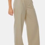 Calça de Pregas Bege Mocha Cintura Alta em Viscose com Elastano