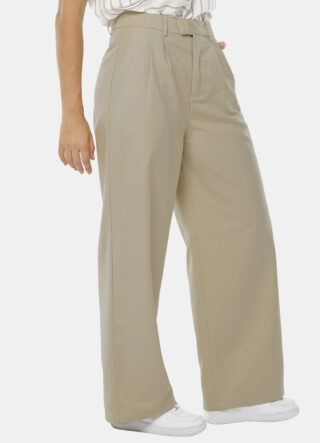 Calça de Pregas Bege Mocha Cintura Alta em Viscose com Elastano