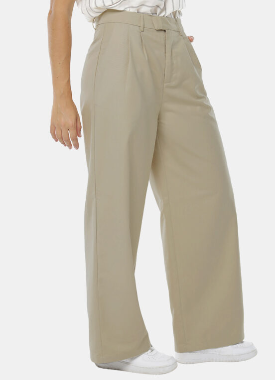 Calça de Pregas Bege Mocha Cintura Alta em Viscose com Elastano