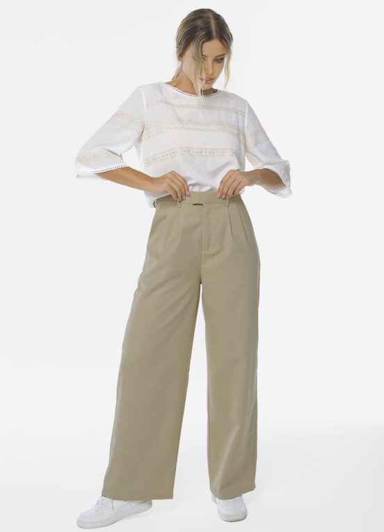 Calça de Pregas Bege Mocha Cintura Alta em Viscose com Elastano - Image 3