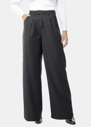 Calça de Pregas Preta Cintura Alta em Viscose com Elastano