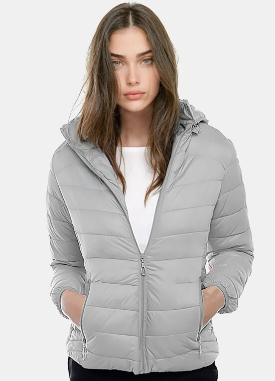 Casaco Puffer Cinza Forrado Veludo com Bolsos - Image 2
