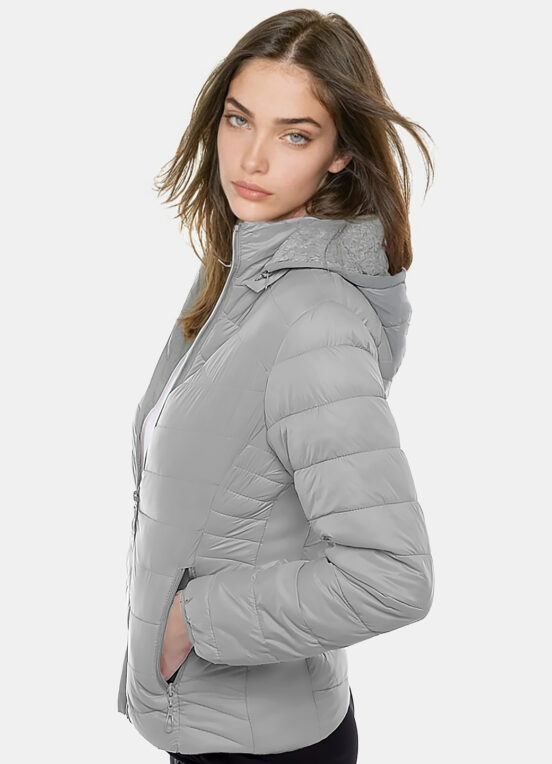Casaco Puffer Cinza Forrado Veludo com Bolsos - Image 5