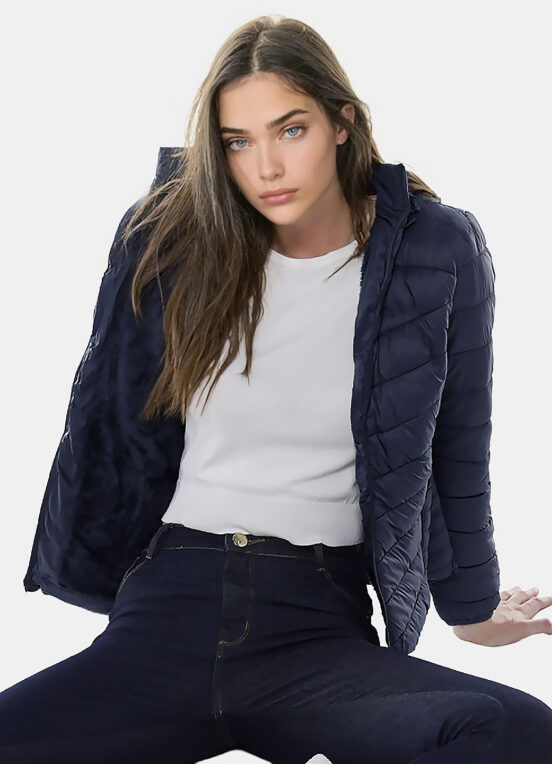 Casaco Puffer Forrado Veludo Azul Marinho  com Bolsos