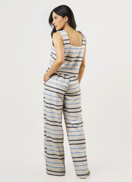 Conjunto de Linho Areia Listrado Calça Pantalona Top Alças Largas - Image 2