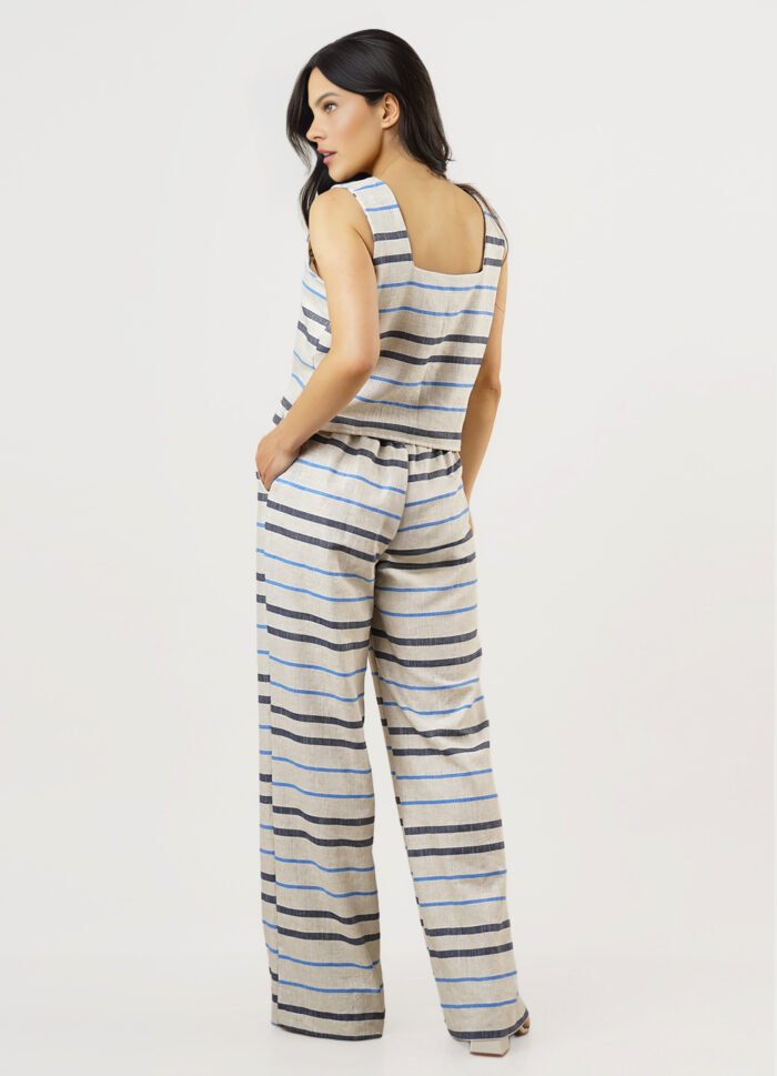 Conjunto de Linho Areia Listrado Calça Pantalona Top Alças Largas - Imagem 2