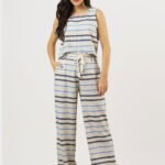 Conjunto de Linho Areia Listrado Calça Pantalona Top Alças Largas