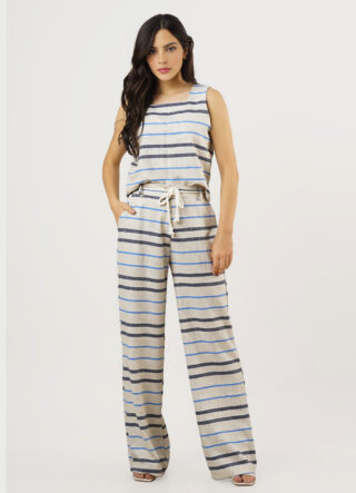 Conjunto de Linho Areia Listrado Calça Pantalona Top Alças Largas