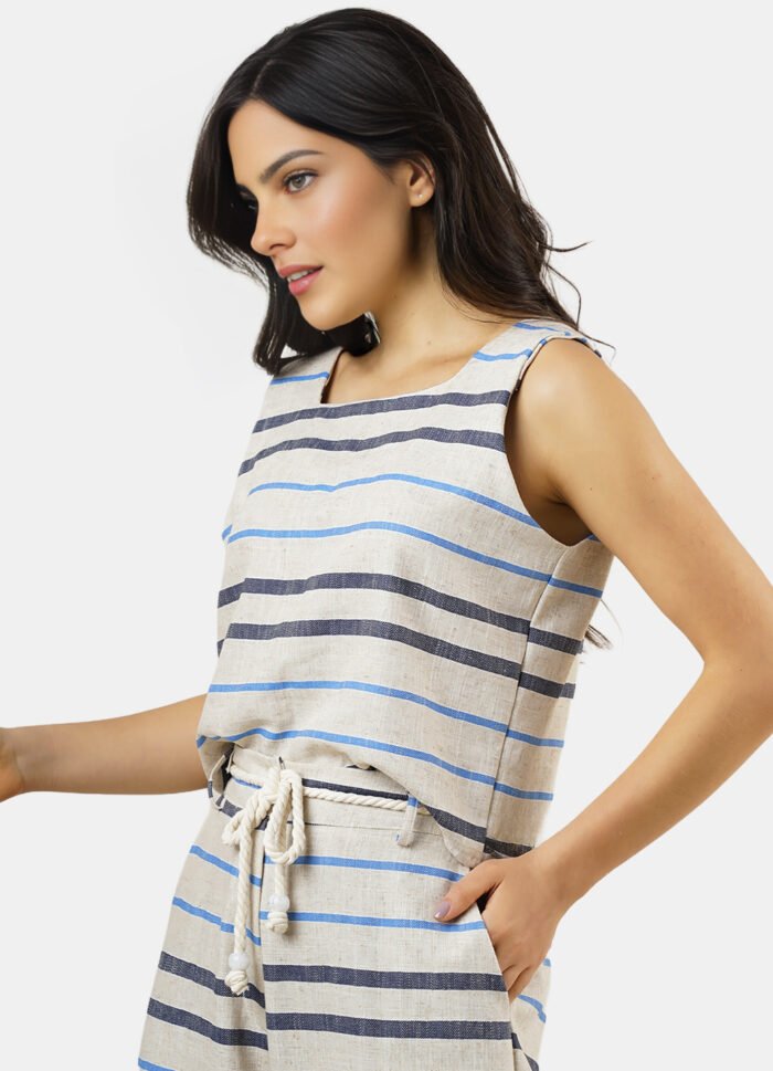 Conjunto de Linho Areia Listrado Calça Pantalona Top Alças Largas - Imagem 5
