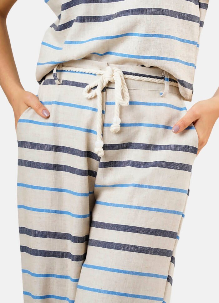 Conjunto de Linho Areia Listrado Calça Pantalona Top Alças Largas - Imagem 4