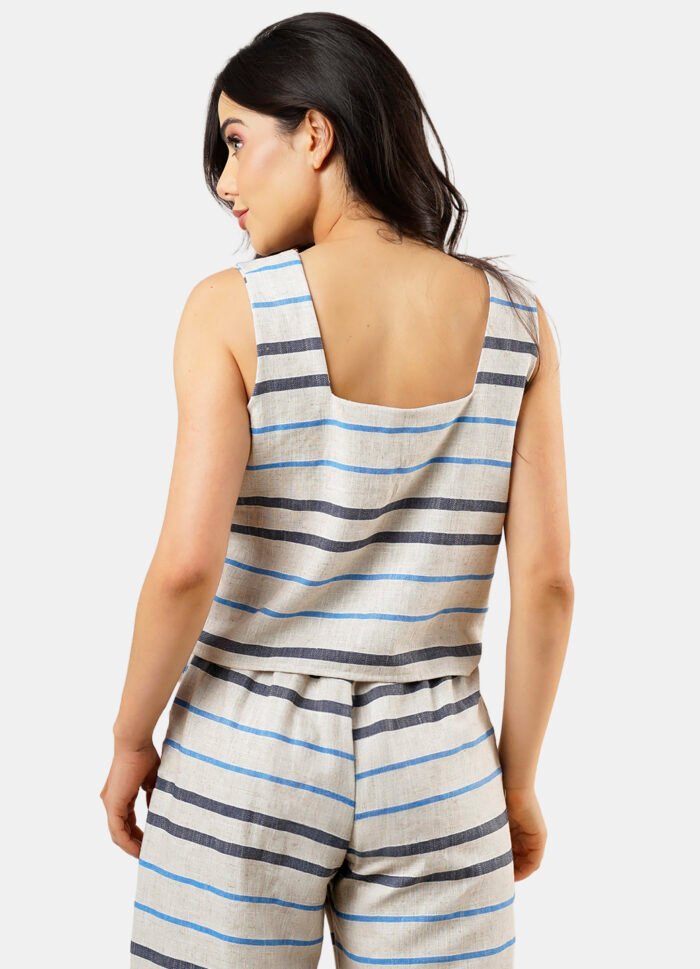 Conjunto de Linho Areia Listrado Calça Pantalona Top Alças Largas - Imagem 3