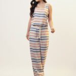 Conjunto de Linho Areia Listrado Calça Pantalona Top Alças Largas