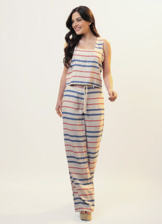 Conjunto de Linho Areia Listrado Calça Pantalona Top Alças Largas